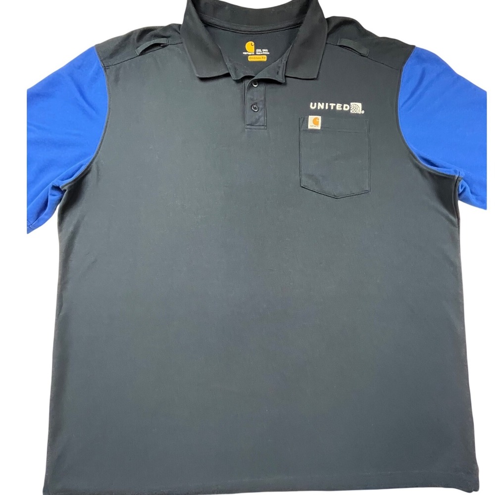 Carhartt Mens 2XL Tall United Airlines Polo Shirt Gray Blue Colorblock